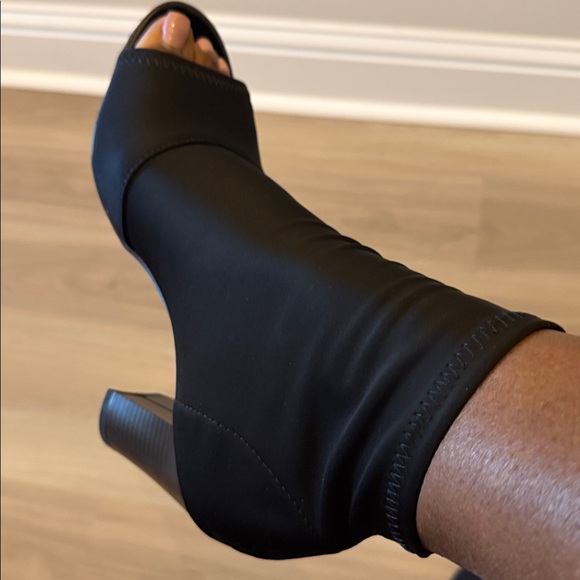 bebe Black Heeled Peep-Toe Boots with Gold Zipper - Picture 7 of 8